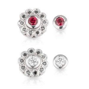 Red Spinel White Black Diamond Studs