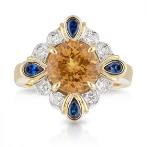 Mandarin Garnet Blue Sapphire and Diamond Ring