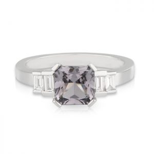Asscher Grey Spinel & Baguette Diamond Engagement Ring