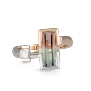 Asymmetrical Watermelon Tourmaline & Baguette Diamond Dress Ring
