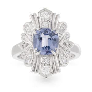 Cushion Cut Blue 2.23ct Spinel and Art Deco Diamond Halo Ring