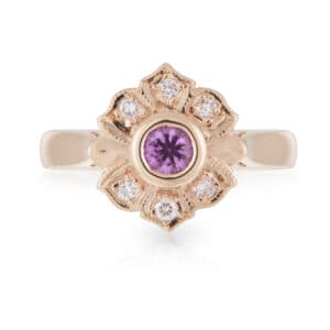 Pink Sapphire & Art Deco Diamond Halo Ring