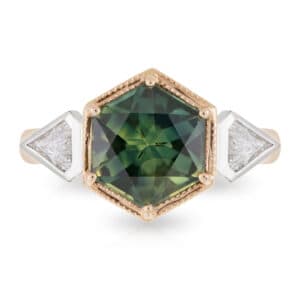 18ct Rose and White Gold Hex Green Parti Australian Sapphire with Shield Cut Diamond Shoulders