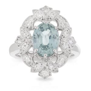 Oval Pale Blue and Green Sapphire with Art Deco style Diamond Halo Engagement Ring