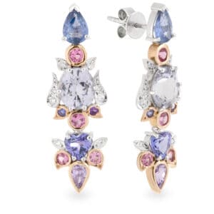 Transitional Tammy style Grey/ Pink Spinel, Blue/Purple Sapphires, Tanzanites and Diamond Drop Earrings
