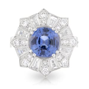 Blue Ceylon Sapphire and Art Deco Diamond Fireworks Engagement Ring