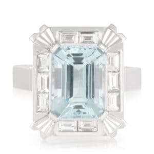 18ct White Gold 5.43ct Emerald Cut Aquamarine and Baguette Diamond Halo Ring