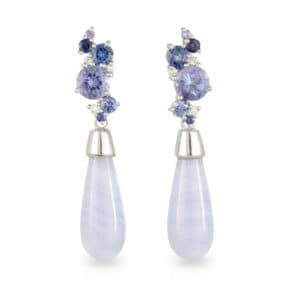 18ct White Gold  'Bubble' Tanzanite, Ceylon Sapphire and Diamond Earrings with removable Lace Agate Drops
