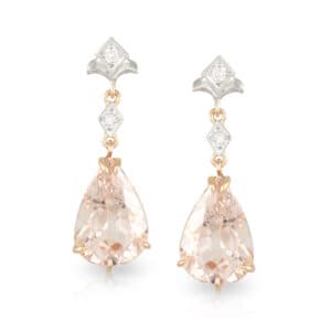 18ct White and Rose Gold Pear cut 6.77ct Morganite and Diamond Drop earrings
