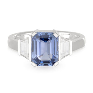 Platinum  2.47ct Octagonal Cut Medium Blue Ceylon Sapphire with Trapezoid cut Diamond Shoulders Ring