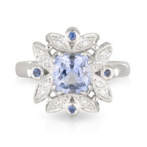18ct White Gold Cushion cut light blue 1.64ct Ceylon Sapphire and Diamond/Ceylon Blue Sapphire Halo Ring