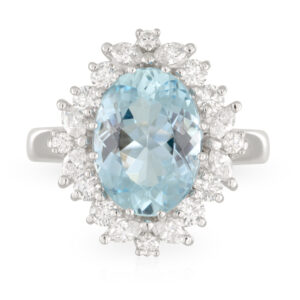 18ct White Gold Oval 4.02ct Aquamarine with Pear and Round Brilliant cut Diamond Halo Ring