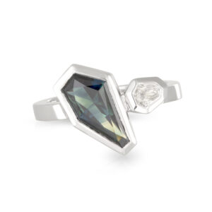 18ct White Gold 2.22ct Fancy Shaped Parti Sapphire with 0.15ct Shield Diamond Ring