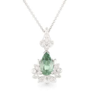 Jardine Pendant - 18ct White Gold Pear shaped 1.97ct Green Tourmaline and Leafy Diamond Halo Pendant with a Diamond Bale