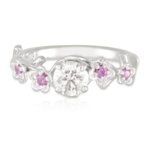 18ct White Gold 'Sakura' Ring with a Round Brilliant 0.52ct Diamond and Pink Ceylon Sapphire Flower accents