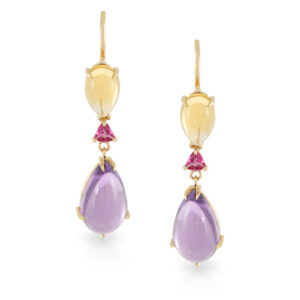 9ct Yellow Gold Citrine, Pink Spinel and Amethyst Drop earrings