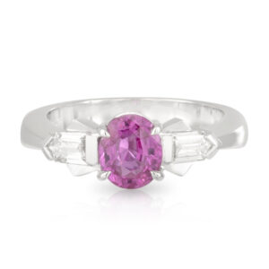 18ct White Gold 1.40ct Oval cut Pink Ceylon Sapphire and bullet shaped Diamond Ring