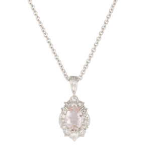 Platinum 0.92ct Pear Morganite and Diamond Halo Art Deco Pendant