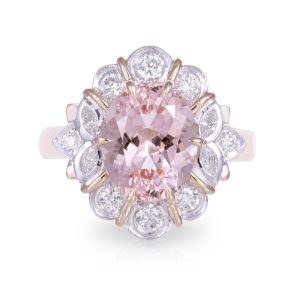 18ct Rose and White Gold 'Blossom' 3.59ct Oval Morganite with Diamond Halo Dress Ring. TDW 0.69ct.