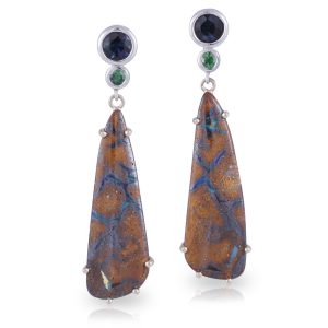9ct Yellow and White Gold Blue and Green Tourmaline with Boulder Opal Drop Earrings
