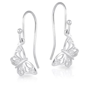 9ct White Gold Butterfly Diamond Drop Earrings on removeable sheppard hooks