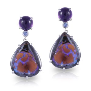 9ct White Gold Cabachon Amethyst, Ceylon Blue Sapphire and Opal Drop Earrings