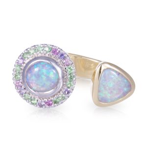 9ct Yellow Gold with 1.40ct Round Cabachon cut Opal, 1.50ct Trilliant Cabachon cut opal, Tsavorite Garnet, Pink/Purple Ceylon Sapphire Dress Ring.