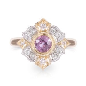 18ct Yellow/White Gold Pink Sapphire and Diamond Halo 'Hazel' style ring