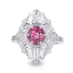 18ct White Gold 1.80ct Round Brilliant Red Spinel in Geometric Diamond Halo Ring. TDW 0.70ct.