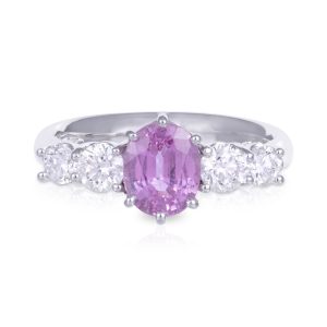 18ct White Gold 1.67ct Oval Blue Ceylon Sapphire flanked by x2 0.26ct and x2 0.14ct round brilliant diamonds. TDW 0.84ct.