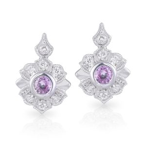 9ct White Gold Hazel Style Pink Sapphire and Diamond Halo Stud Earrings. TDW 0.24ct