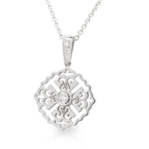 18ct White Gold Art Deco Crest with 0.12ct Round Brilliant Diamond Centre and Diamond Bale Pendant