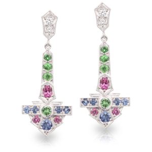 18ct White Gold Empire Fruit Salad Earrings with Diamonds, Tsavorite Garnets, Pink Spinels and Blue Ceylon Sapphires. TDW 0.13ct