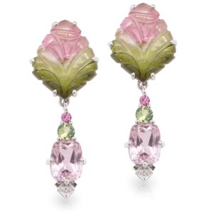 9ct White Gold Carved Tourmaline, Kunzite, Parti Sapphire, Hot Pink Spinels and Diamond Drop Earrings.