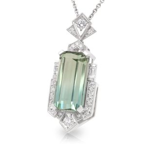 18ct White Gold 'Empire' 12.26ct Emerald Cut Bi Colour Tourmaline and Diamond Art Deco Pendant. TDW 0.69ct