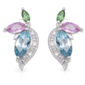 18ct White Gold Angelique style Blue Zircon, Pink Sapphire, Tsavorite Garnet and Diamond Studs