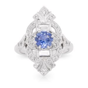 18ct White Gold 1.08ct Round Brilliant Cut Blue Ceylon Sapphire and Diamond Art Deco Style Ring. TDW 0.51ct