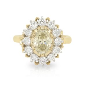 18ct Yellow and White Gold 'Coronation Ring' with 1.53ct Oval N/VS2, White Diamond Halo and intricate basket feature Engagement Ring