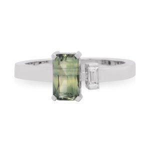 18ct White Gold 1.54ct Baguette Parti Sapphire and Baguette Diamond Asymmetrical Ring