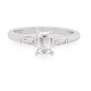 18ct White Gold Emerald Cut and Tapered Baguette Trilogy Engagement Ring. TDW 0.91ct