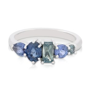 18ct White Gold Blue/Parti/Teal Sapphire Stacker Ring
