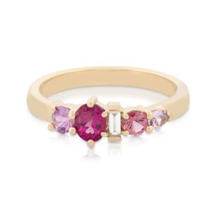 9ct Yellow Gold Pink Sapphire, Tourmaline and Diamond Baguette Stacker Ring