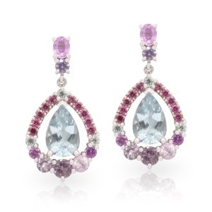 9ct White Gold Aquamarine, Sapphire, Spinels and Diamond Drop Earrings