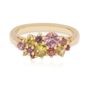 9ct Yellow Gold Lemons and Peonies Bubble style Ring with Sapphires, Spinels and Yellow Diamonds claw set.