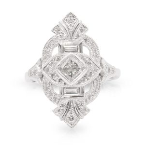 18ct White Gold 0.87ct Cushion cut H/Si2 Diamond with a surround of Baguette and Round brilliant cut diamonds