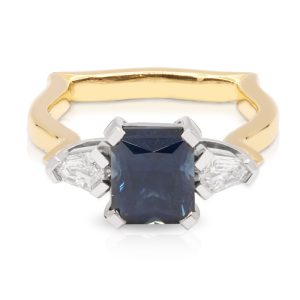 18ct Yellow and White Gold Emerald cut 3.01ct Australian Blue with Shield Diamond Shoulders and German style shank