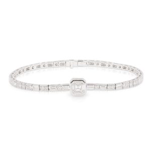 18ct White Gold 1.21ct Asscher Cut Diamond Bracelet with a line of Princess, Baguette and Round Brilliant Cut Diamonds Bezel Set. TDW 1.86ct.