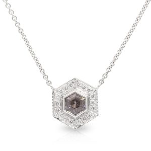 18ct White Gold Hex 0.67ct Grey Spinel with Diamond 18=0.18ct Diamond Halo fixed on a 45cm Chain