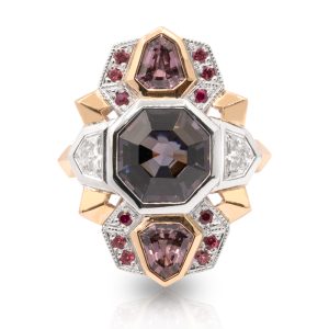 18ct White and Rose Gold Octagonal cut 3.73ct Grey Spinel with a halo of Kite Mauve Spinels, Cadi cut Diamonds, Rubies and Pink Spinels Ring