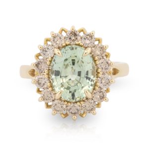 18ct Yellow Gold Oval 4.45ct Tanzania Oval Mint Green Sapphire with Cognac Diamond Halo Ring